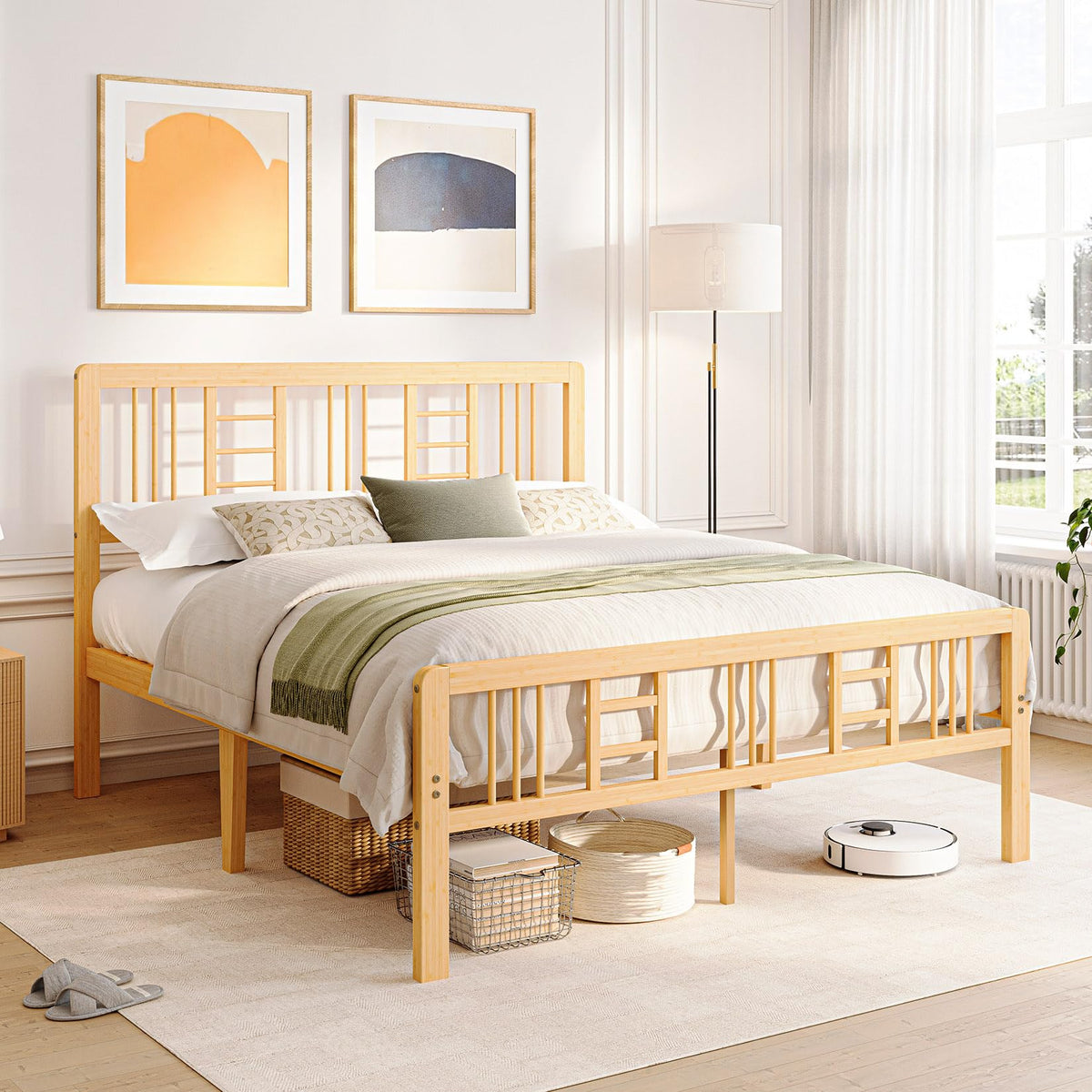 14 Inch Solid Bamboo Wood Full Size Platform Bed Frame with Headboard I129