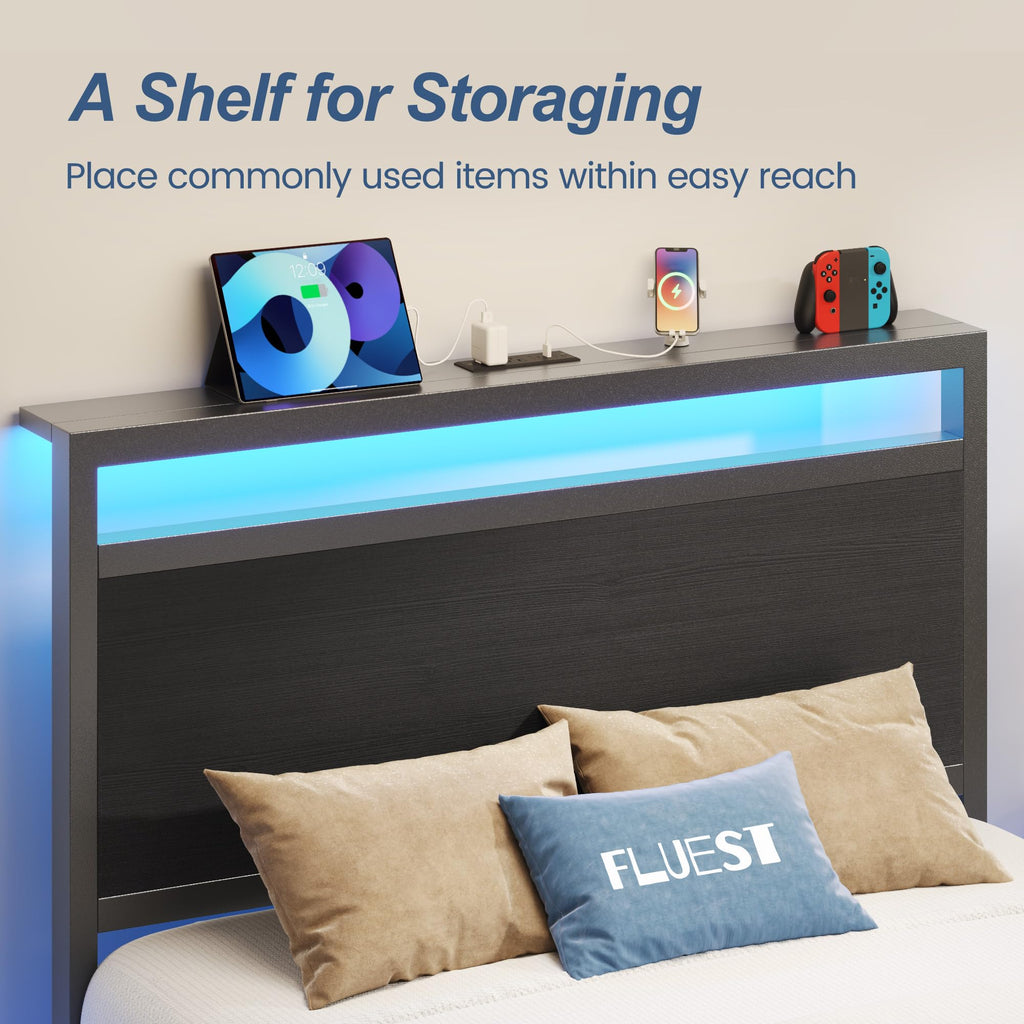 Twin Bed Frame with Storage Headboard & Drawer, Charging Station & LED Light, Black M20520