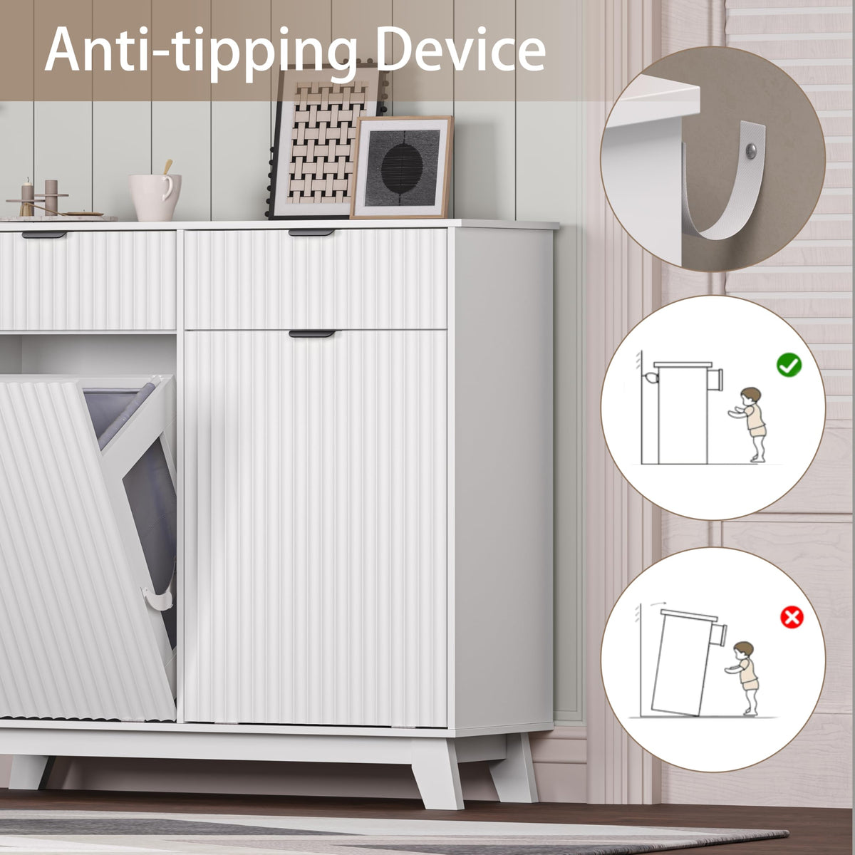 White 20 Gallon Double Tilt Out Laundry Hamper Cabinet with 2 Drawers C8460