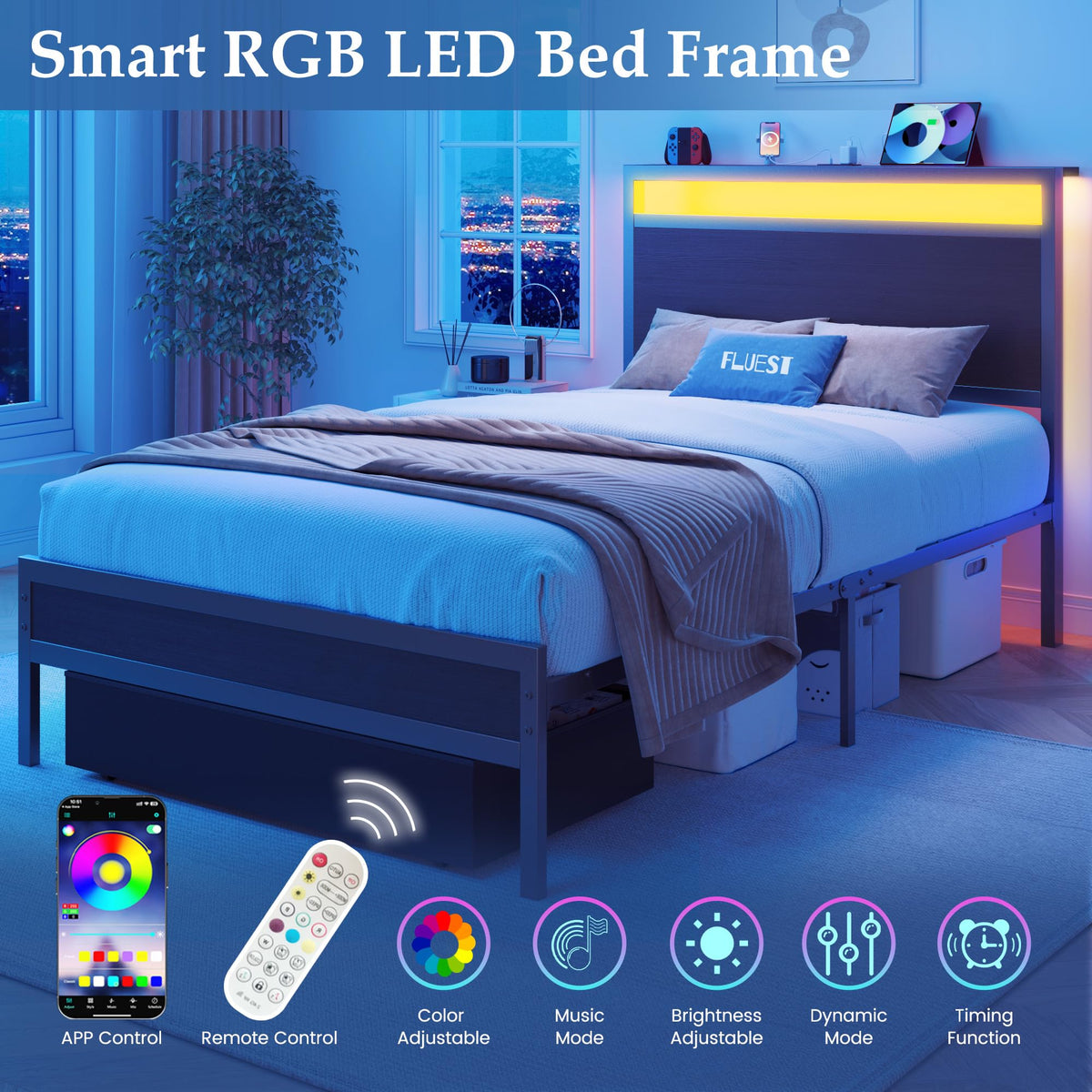 Twin Bed Frame with Storage Headboard & Drawer, Charging Station & LED Light, Black M20520