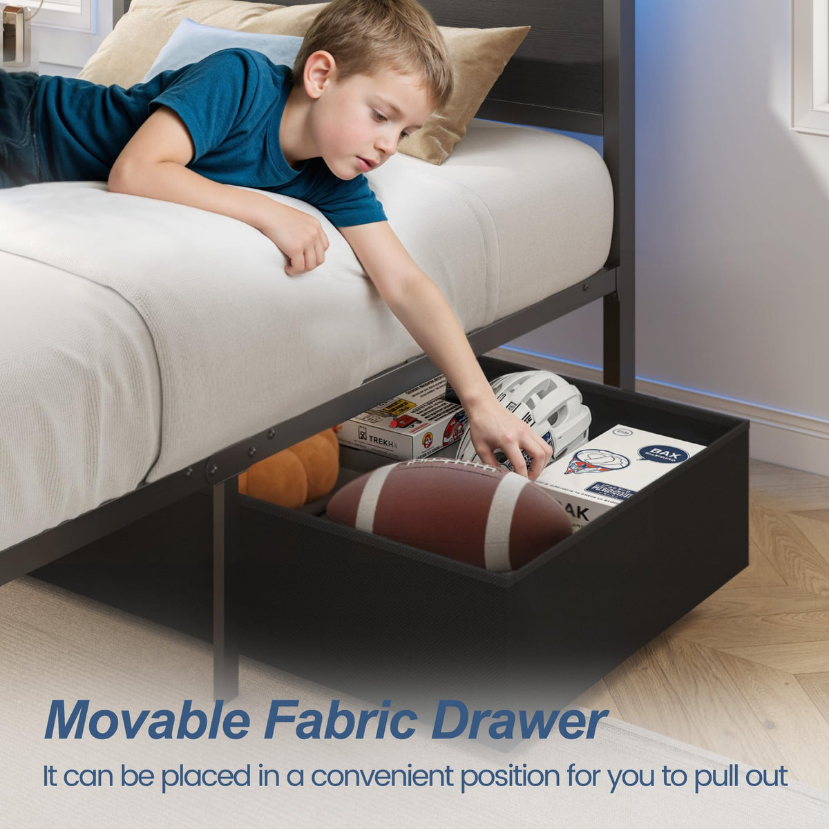 Twin Bed Frame with Storage Headboard & Drawer, Charging Station & LED Light, Black M20520
