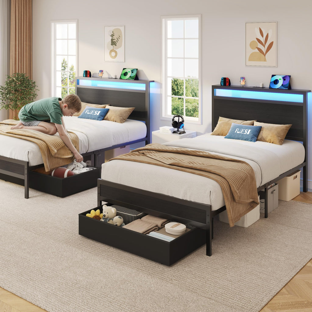 Twin Bed Frame with Storage Headboard & Drawer, Charging Station & LED Light, Black M20520