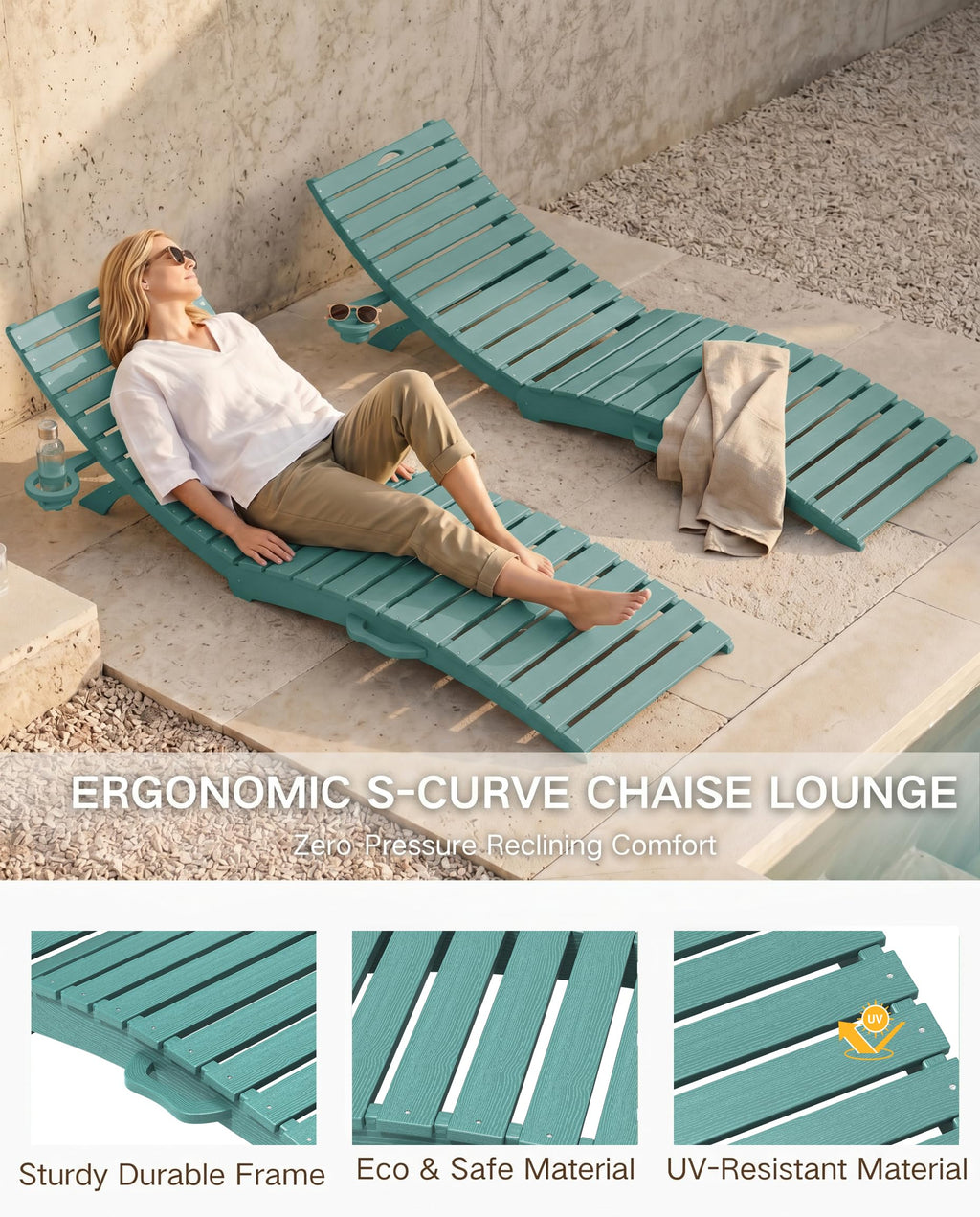 Blue HDPE Pool Chaise Lounge Chairs with Cup Holder, Set of 2 K5061