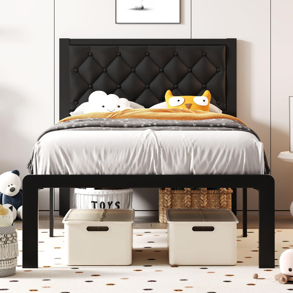 Black PU Leather Upholstered Twin Bed Frame with Headboard N298