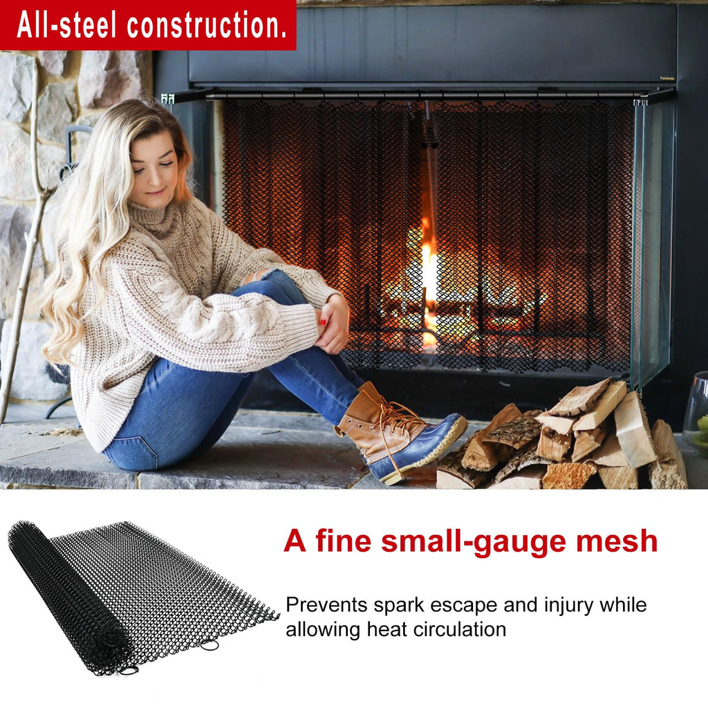 Fireplace Mesh Screen Curtain Kit with Adjustable Rod and Panels 19" H × 24" W Black Matte N778501