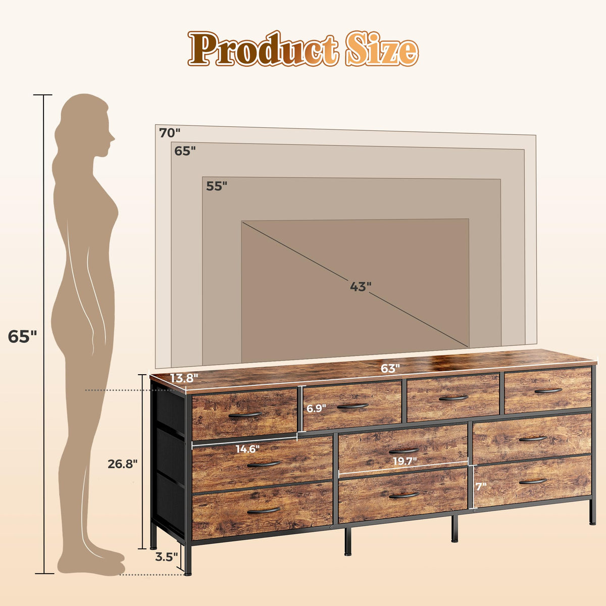 63 Inch Dresser with 10 Fabric Drawers S6454