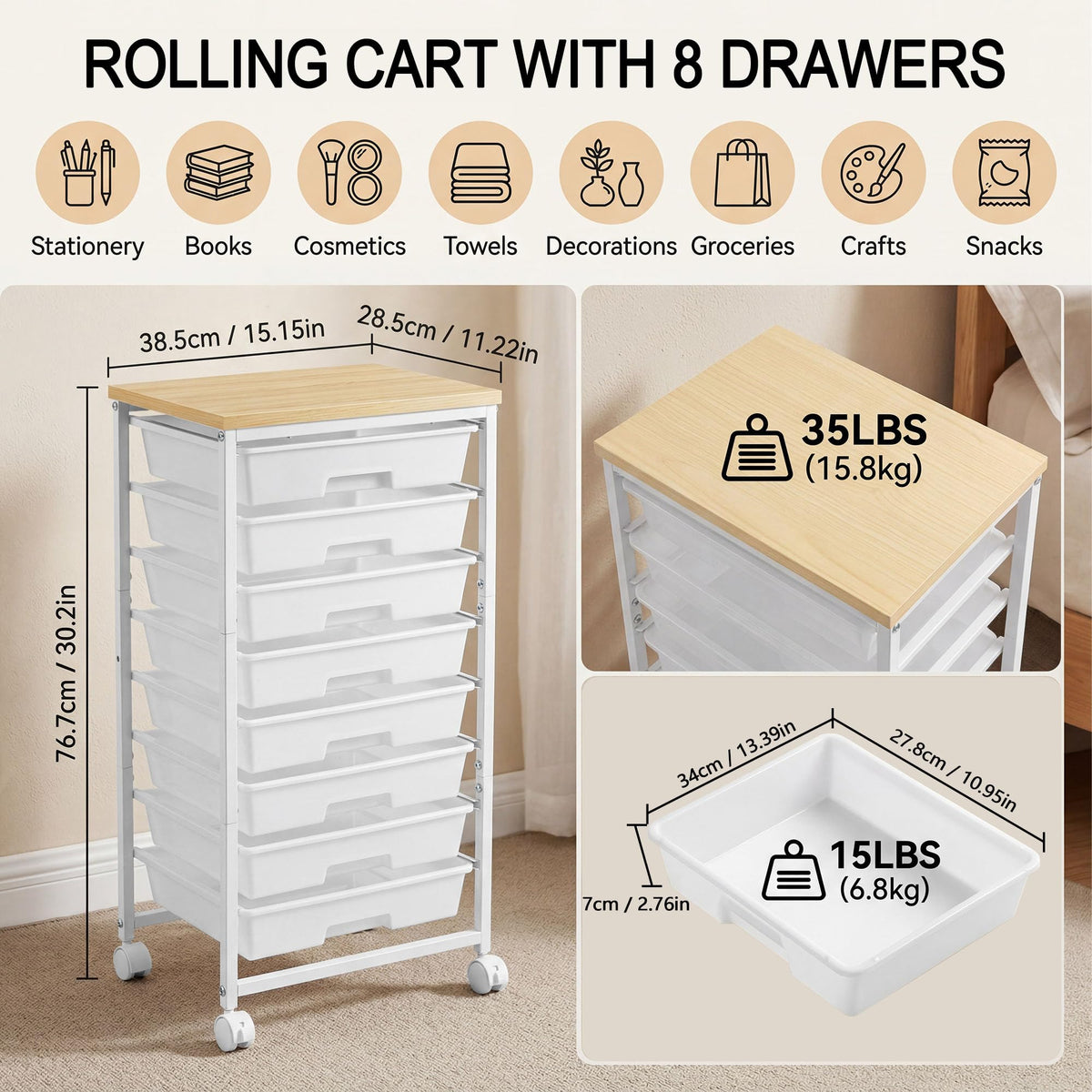8 Drawer Rolling Storage Cart with Wooden Tabletop E595109