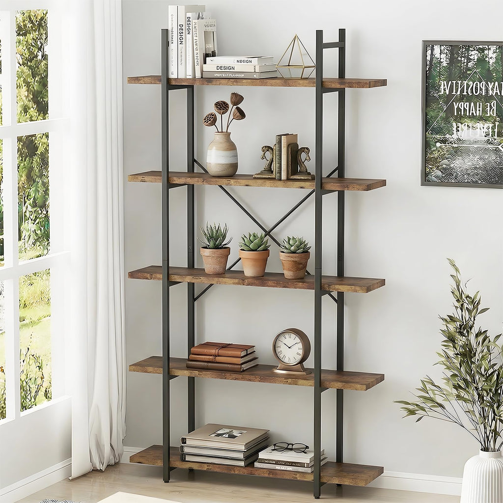 5 Tiers Rustic Brown and Metal Bookshelf S9781