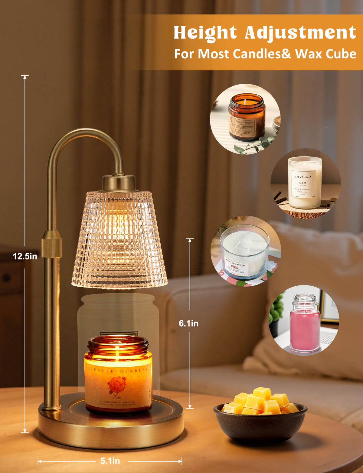 Gold Candle Warmer Lamp with Timer, Dimmable, Height Adjustable I31129
