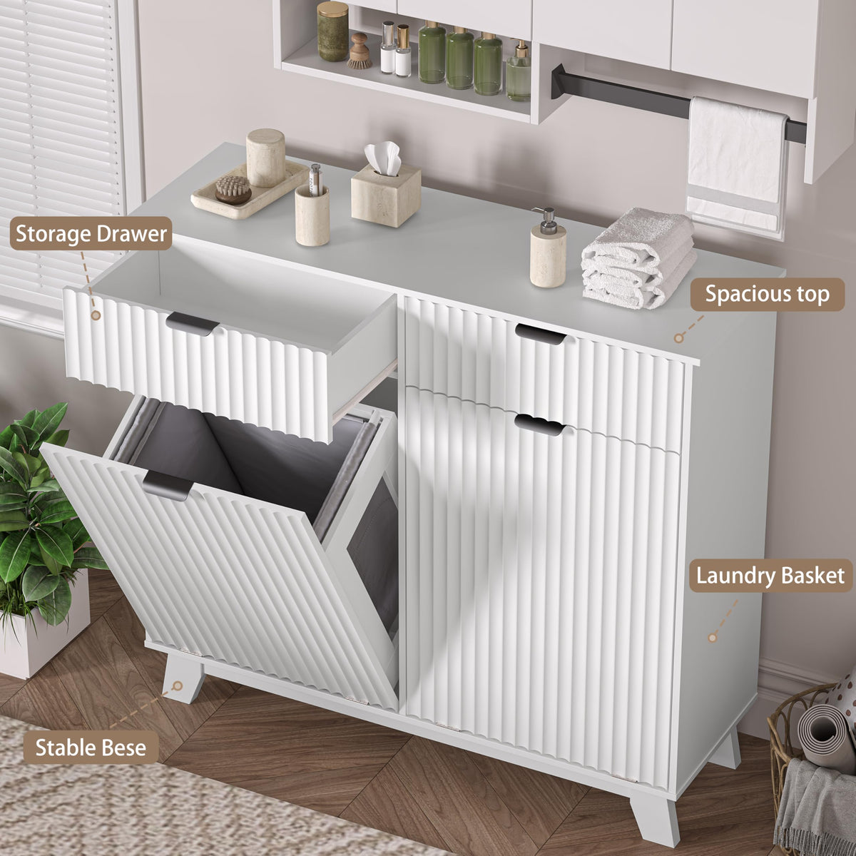 White 20 Gallon Double Tilt Out Laundry Hamper Cabinet with 2 Drawers C8460