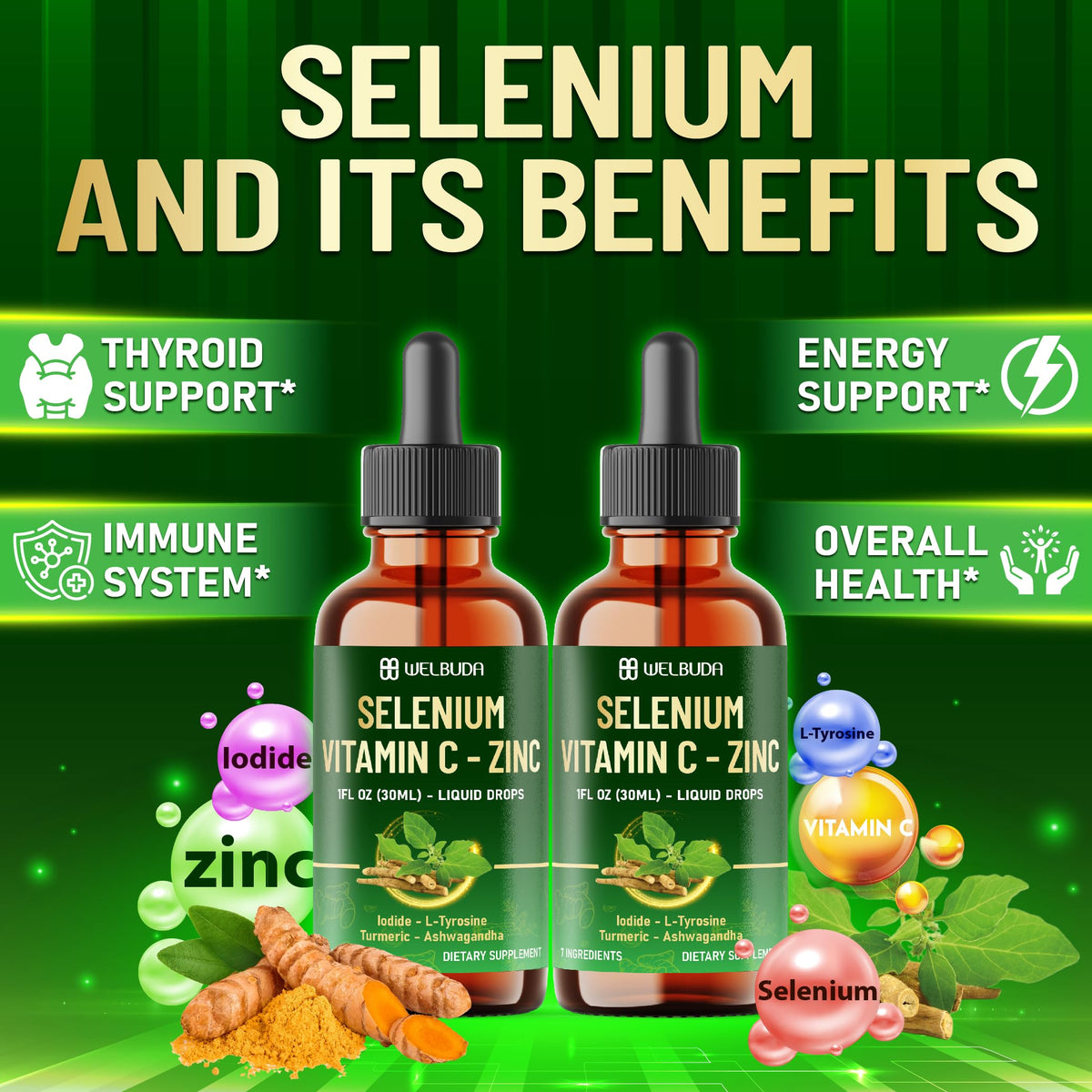 Selenium Liquid Drops with Vitamin C, Zinc, Iodine, L-Tyrosine, Ashwagandha and Turmeric C753159