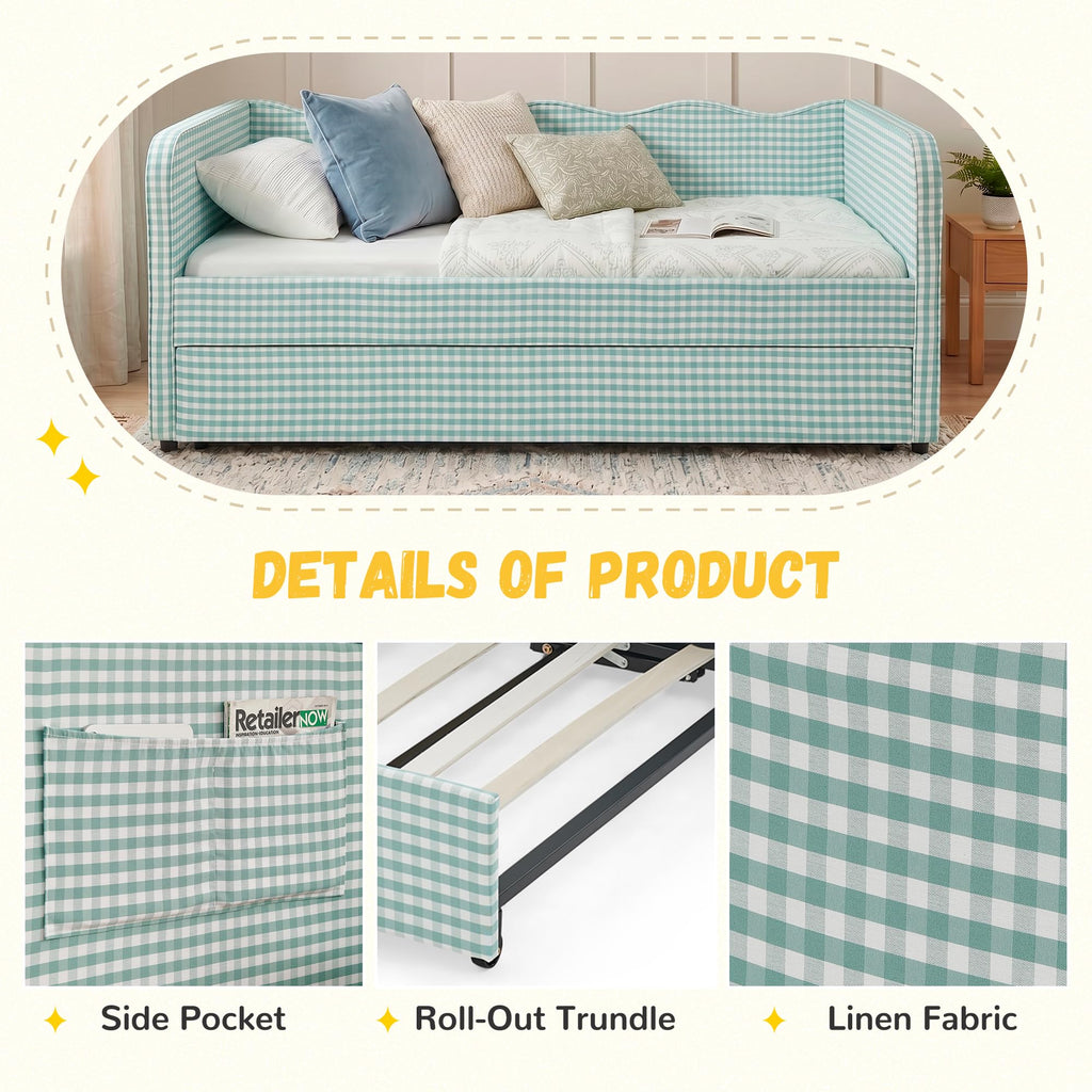 Twin Size Gingham Daybed with Trundle and Side Storage Pockets U20396