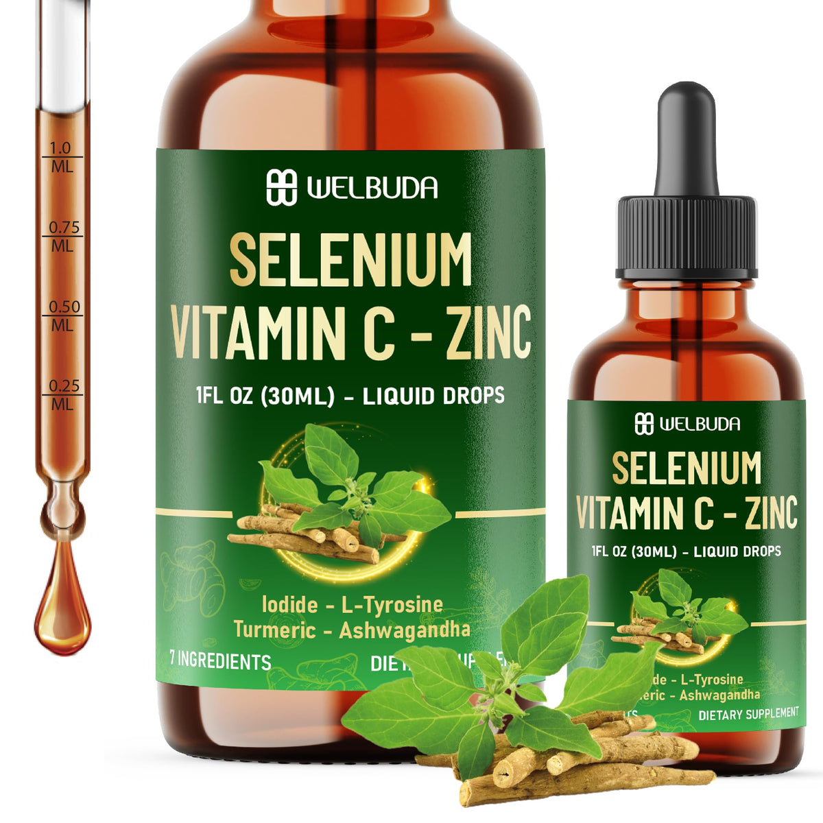 Selenium Liquid Drops with Vitamin C, Zinc, Iodine, L-Tyrosine, Ashwagandha and Turmeric C753159