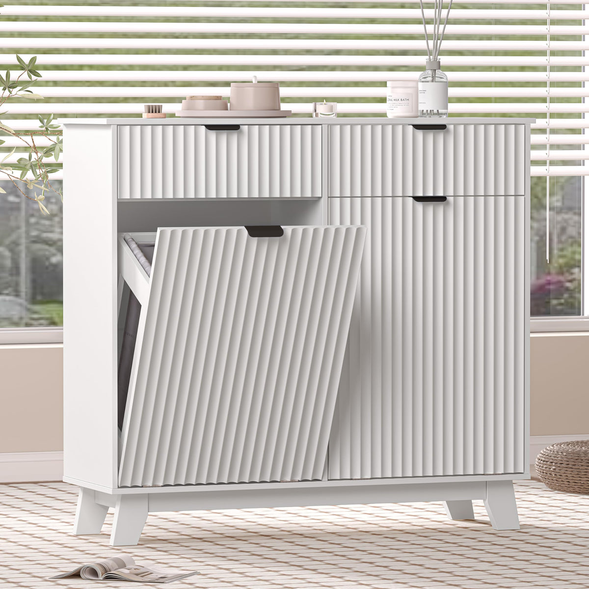 White 20 Gallon Double Tilt Out Laundry Hamper Cabinet with 2 Drawers C8460