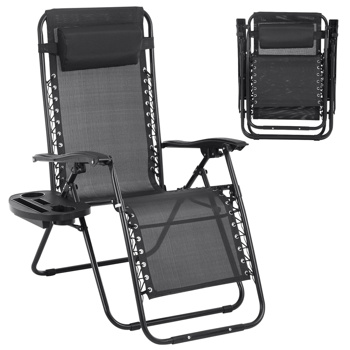 Zero Gravity Chair with Pillow and Cup Holder Trays, Black D861026