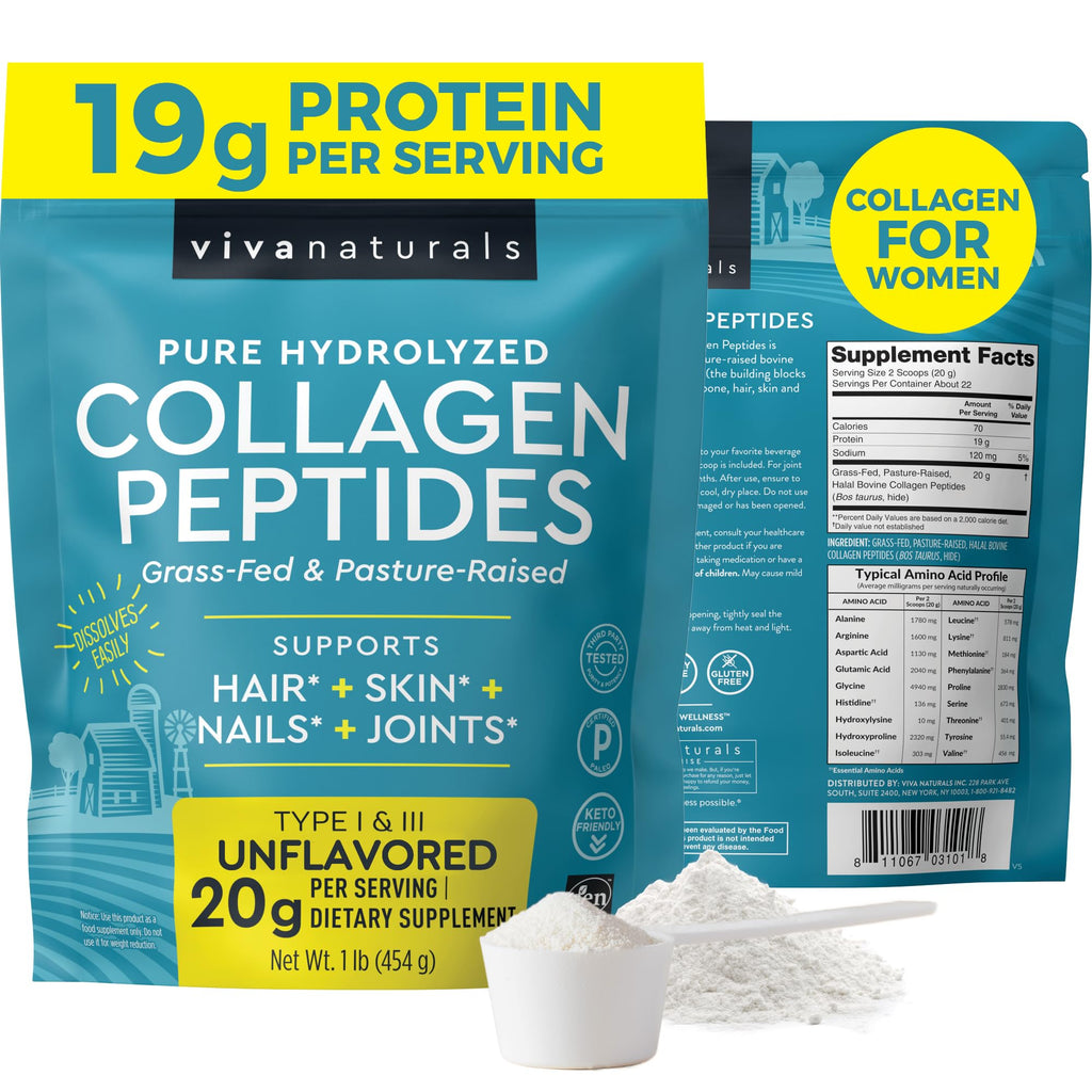 Collagen Peptides Powder - Grass-Fed Hydrolyzed Bovine, Type I & III - 19 g Protein, Unflavored - 1lb S957