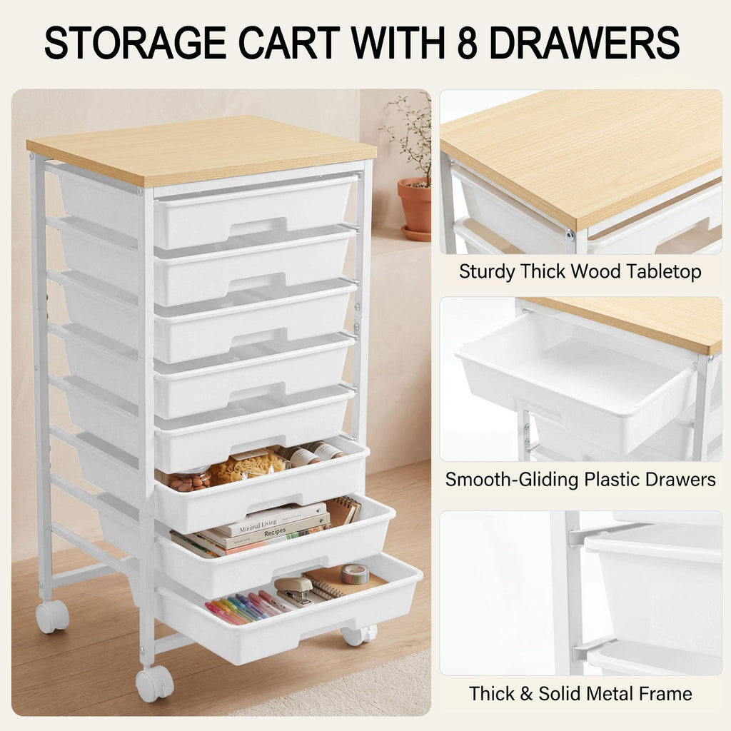 8 Drawer Rolling Storage Cart with Wooden Tabletop E595109