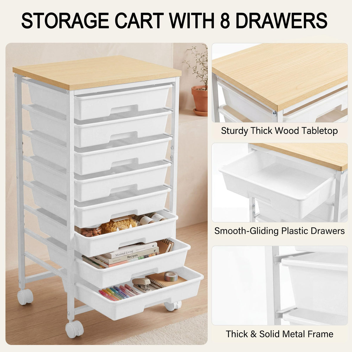 8 Drawer Rolling Storage Cart with Wooden Tabletop E595109