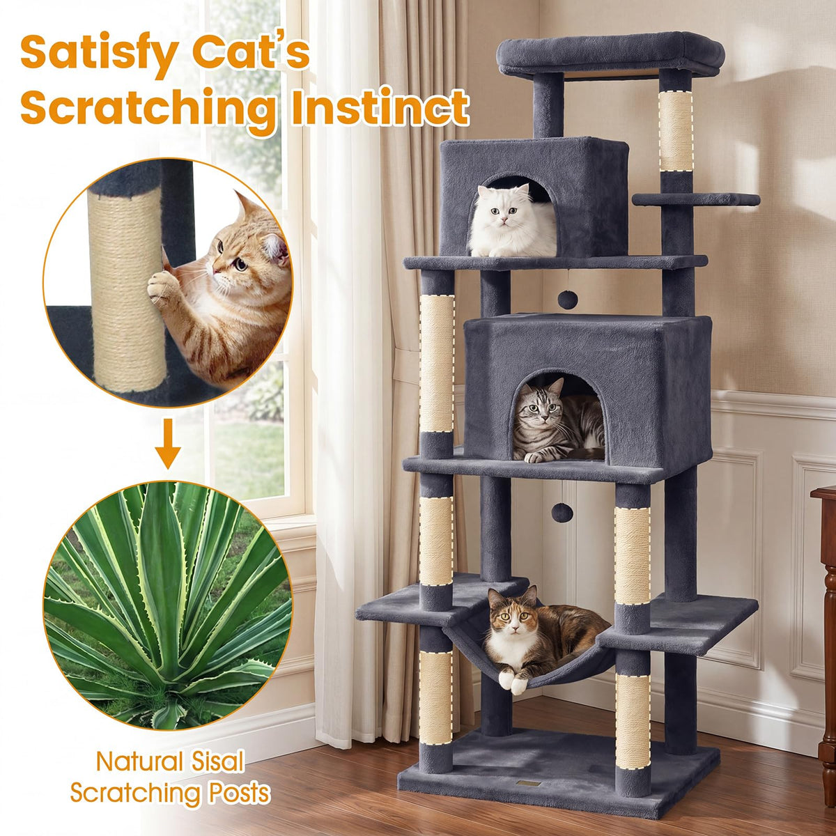 70-inch Multi-Level Cat Tree with Condos and Hammock E1902
