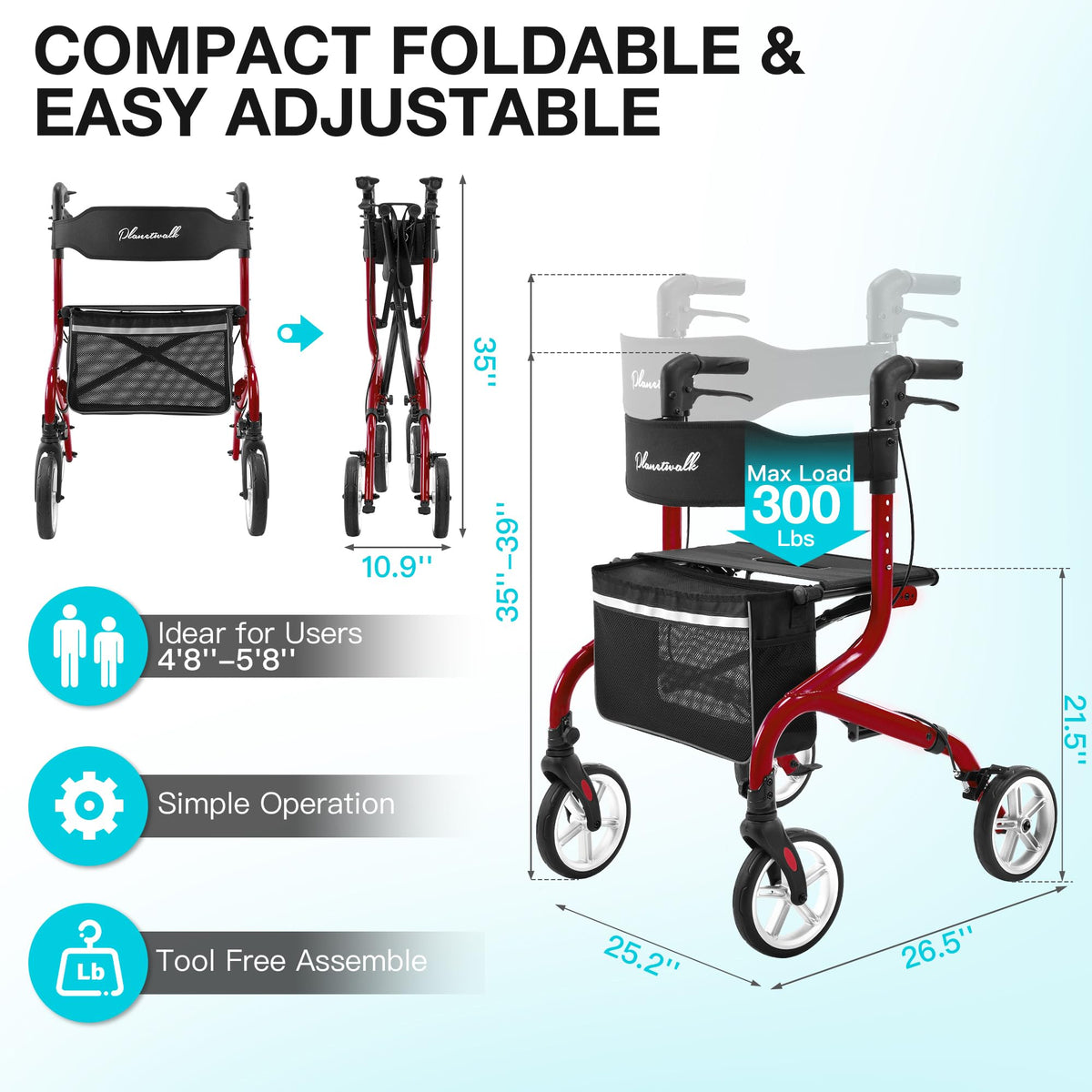 Lightweight Foldable Rollator Walker with Seat and 8" Rubber Wheels F947298