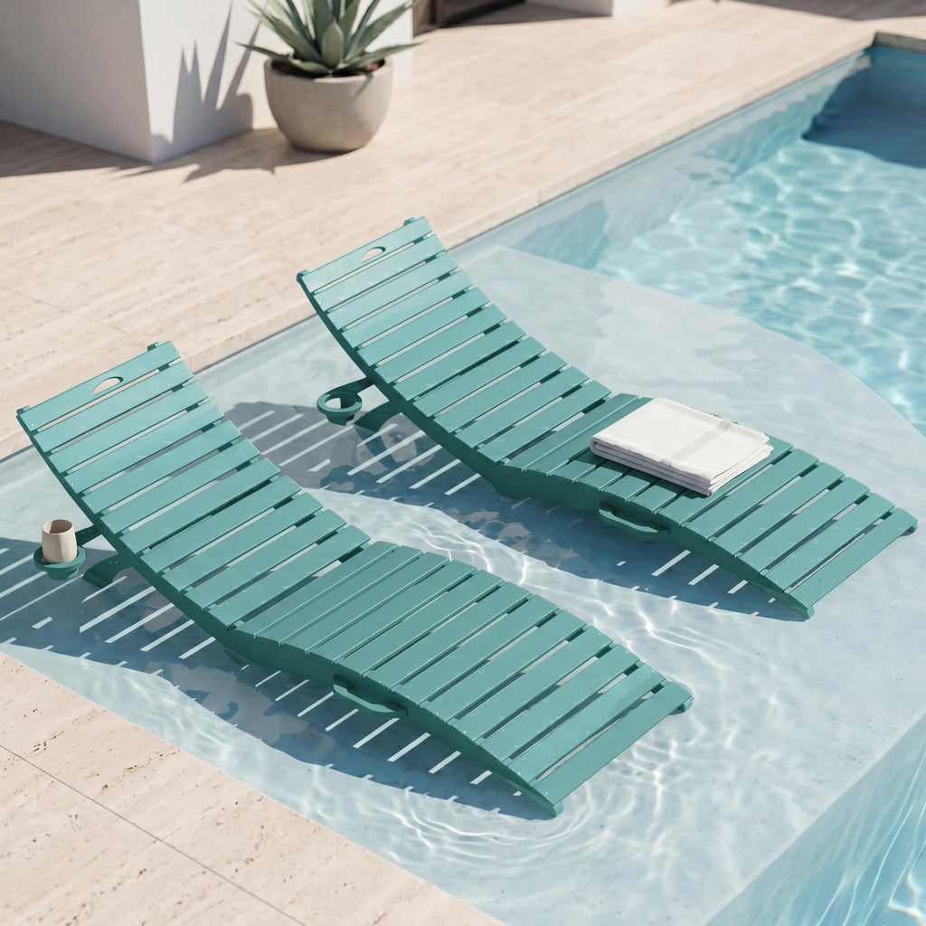 Blue HDPE Pool Chaise Lounge Chairs with Cup Holder, Set of 2 K5061