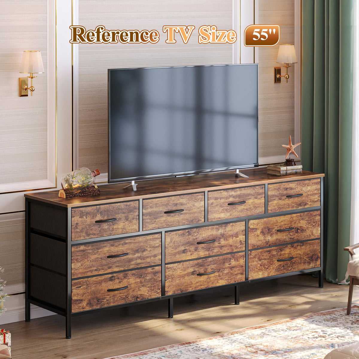 63 Inch Dresser with 10 Fabric Drawers S6454
