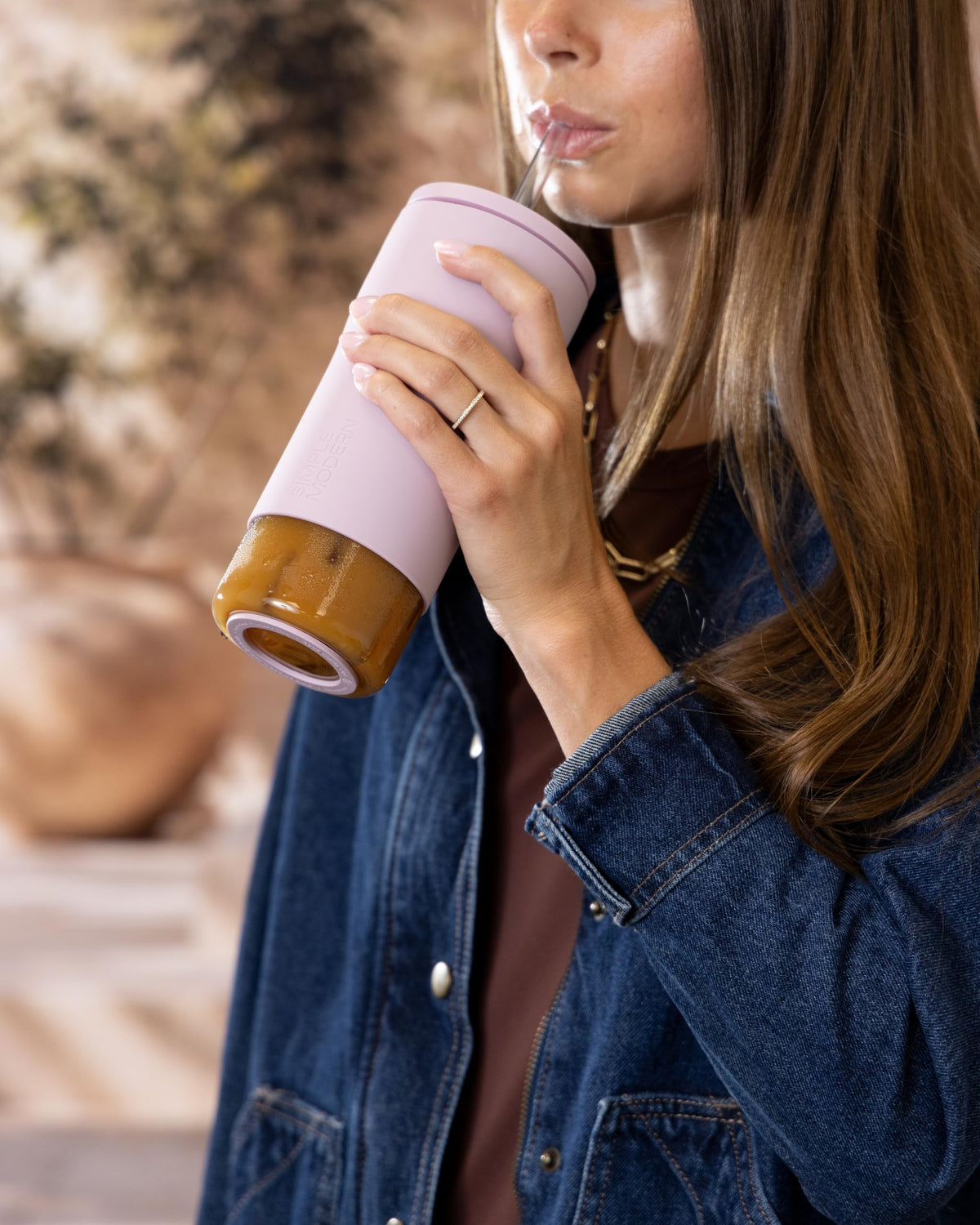 Glass Iced Coffee Cup with Straw Lid 20oz Beige Q170