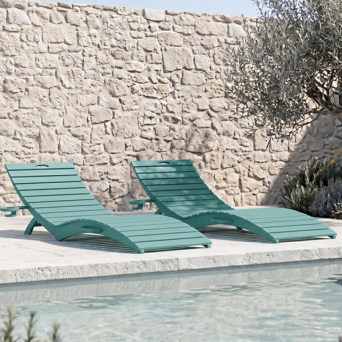 Blue HDPE Pool Chaise Lounge Chairs with Cup Holder, Set of 2 K5061