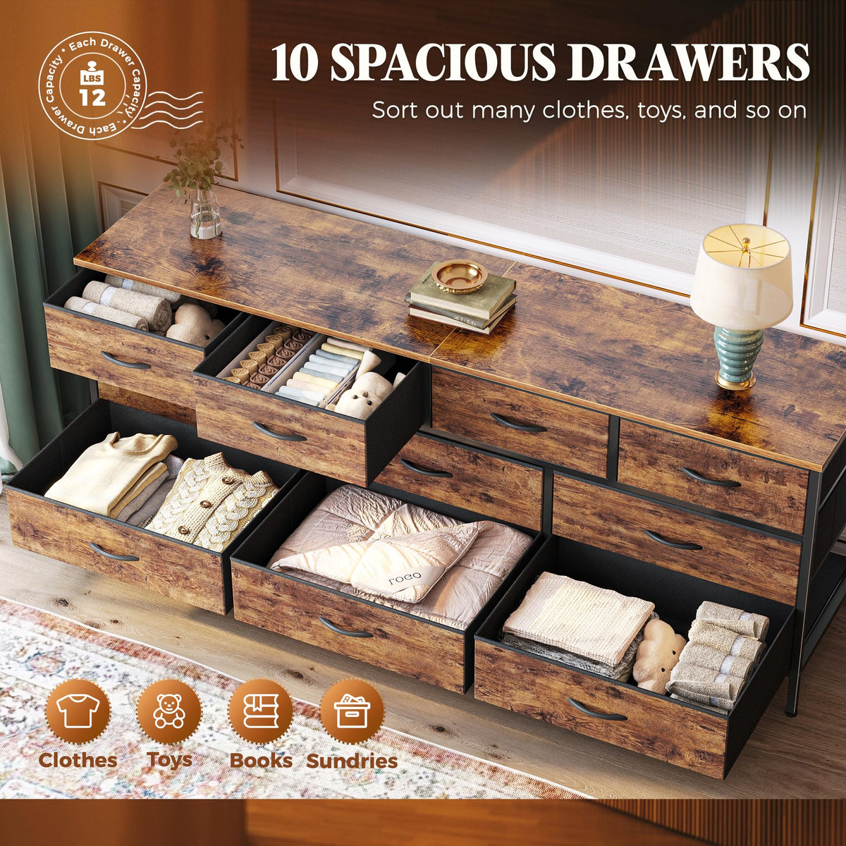 63 Inch Dresser with 10 Fabric Drawers S6454