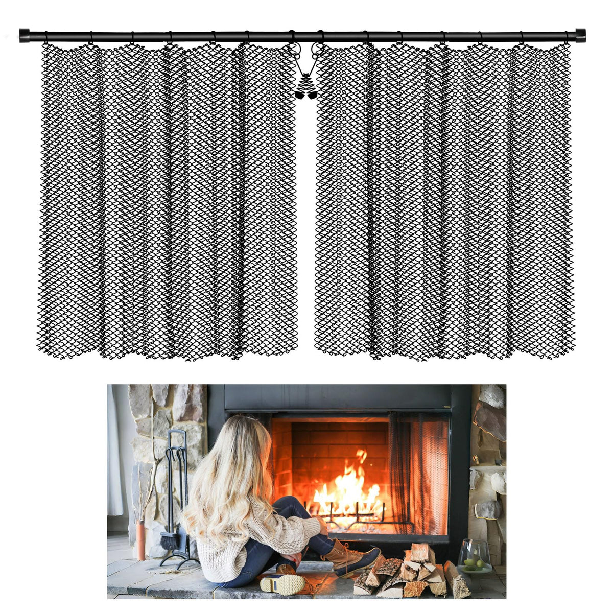 Fireplace Mesh Screen Curtain Kit with Adjustable Rod and Panels 19" H × 24" W Black Matte N778501