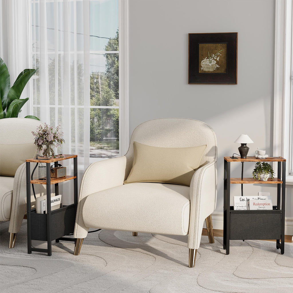 Narrow 3 Tier Side Table with Charging Station and Magazine Rack H298
