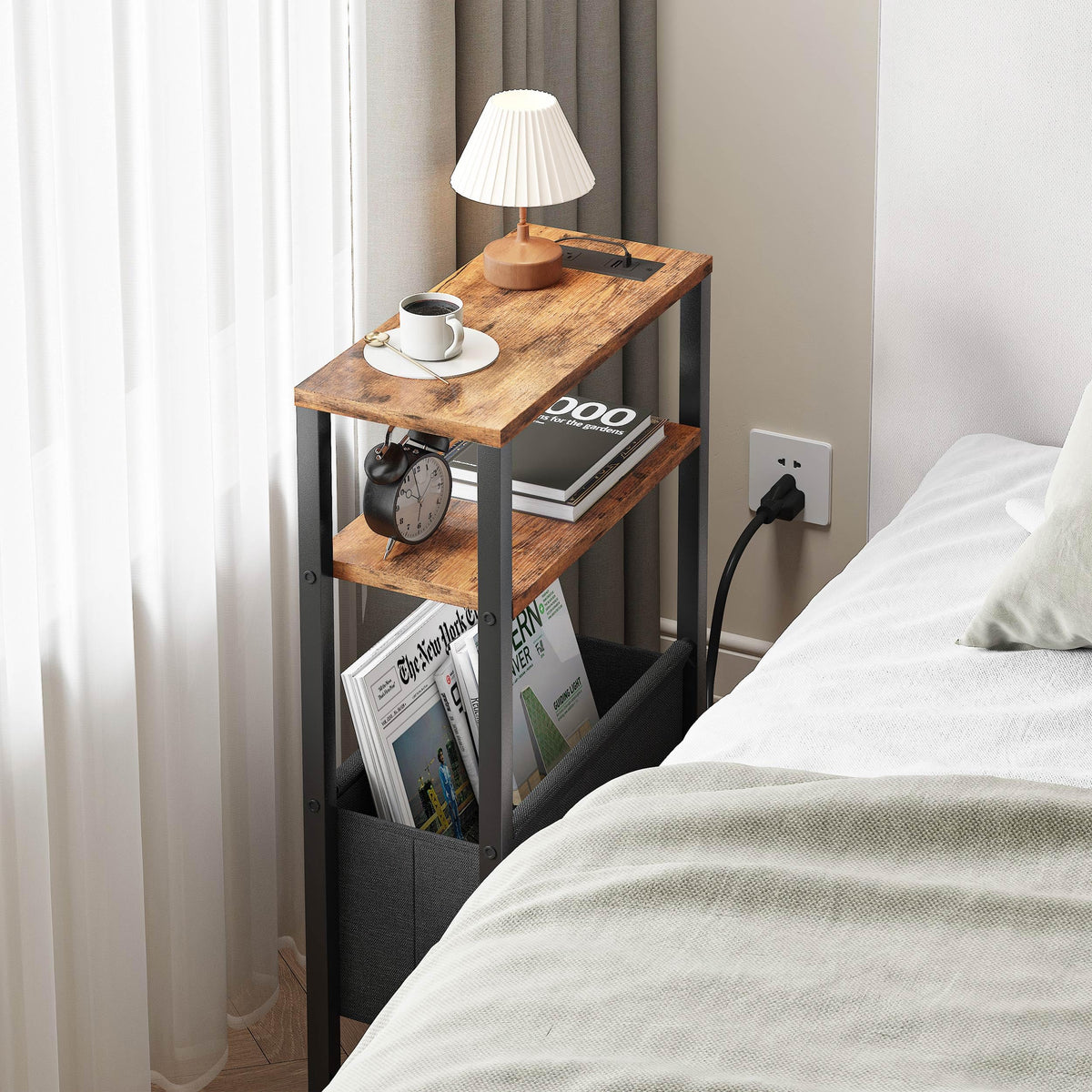 Narrow 3 Tier Side Table with Charging Station and Magazine Rack H298