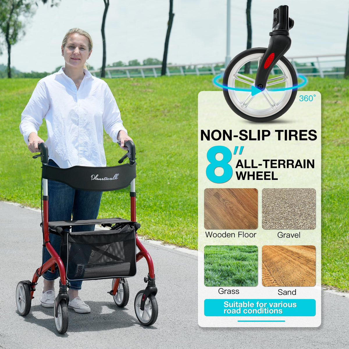 Lightweight Foldable Rollator Walker with Seat and 8" Rubber Wheels F947298