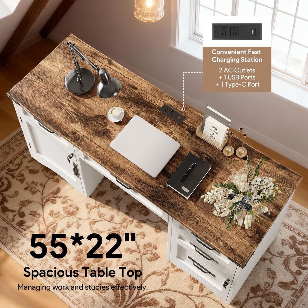 White Wood Executive Desk with Drawers and File Cabinet I817