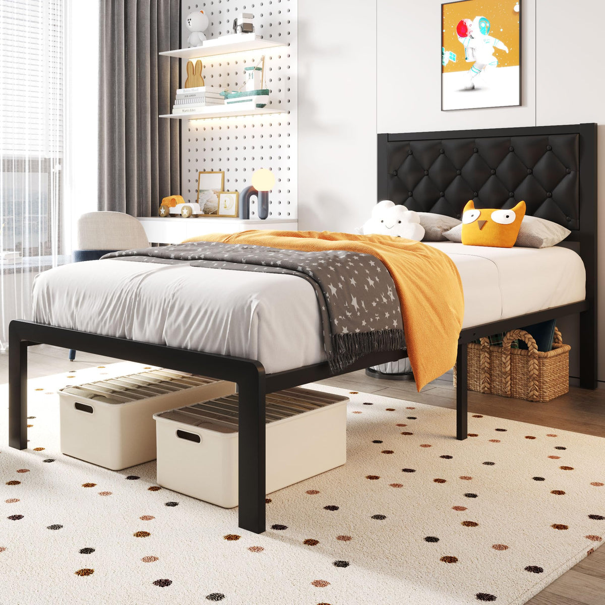 Black PU Leather Upholstered Twin Bed Frame with Headboard N298