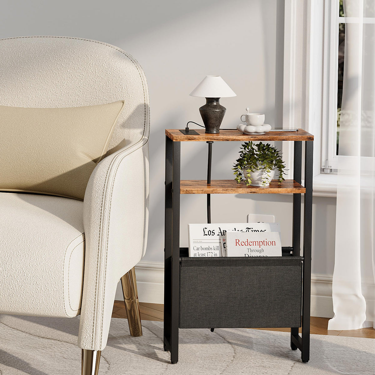 Narrow 3 Tier Side Table with Charging Station and Magazine Rack H298