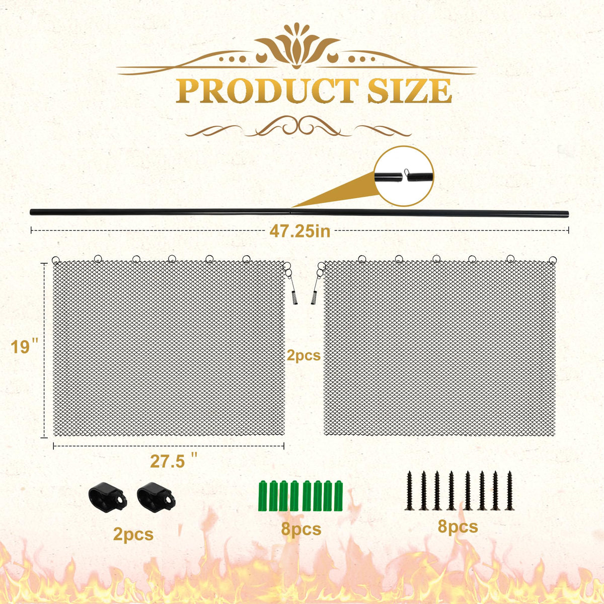 Fireplace Mesh Screen Curtain Kit with Adjustable Rod and Panels 19" H × 24" W Black Matte N778501