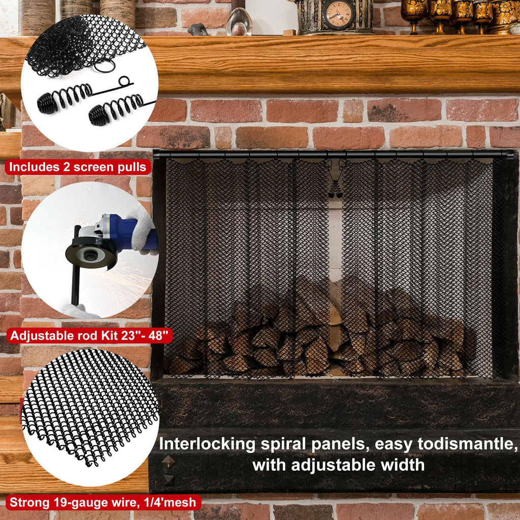 Fireplace Mesh Screen Curtain Kit with Adjustable Rod and Panels 19" H × 24" W Black Matte N778501