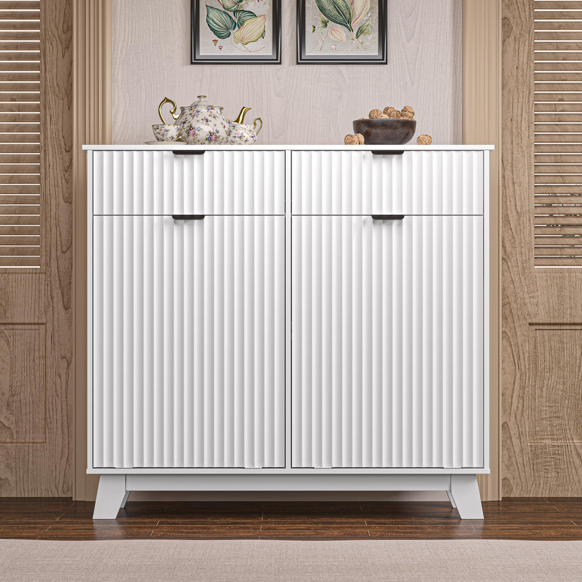 White 20 Gallon Double Tilt Out Laundry Hamper Cabinet with 2 Drawers C8460