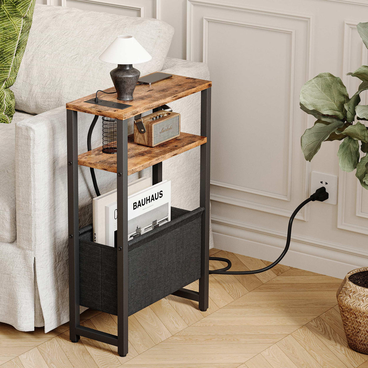 Narrow 3 Tier Side Table with Charging Station and Magazine Rack H298