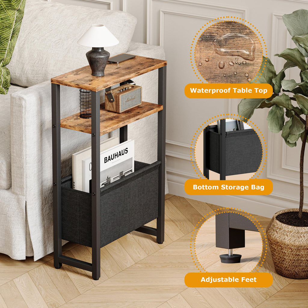Narrow 3 Tier Side Table with Charging Station and Magazine Rack H298