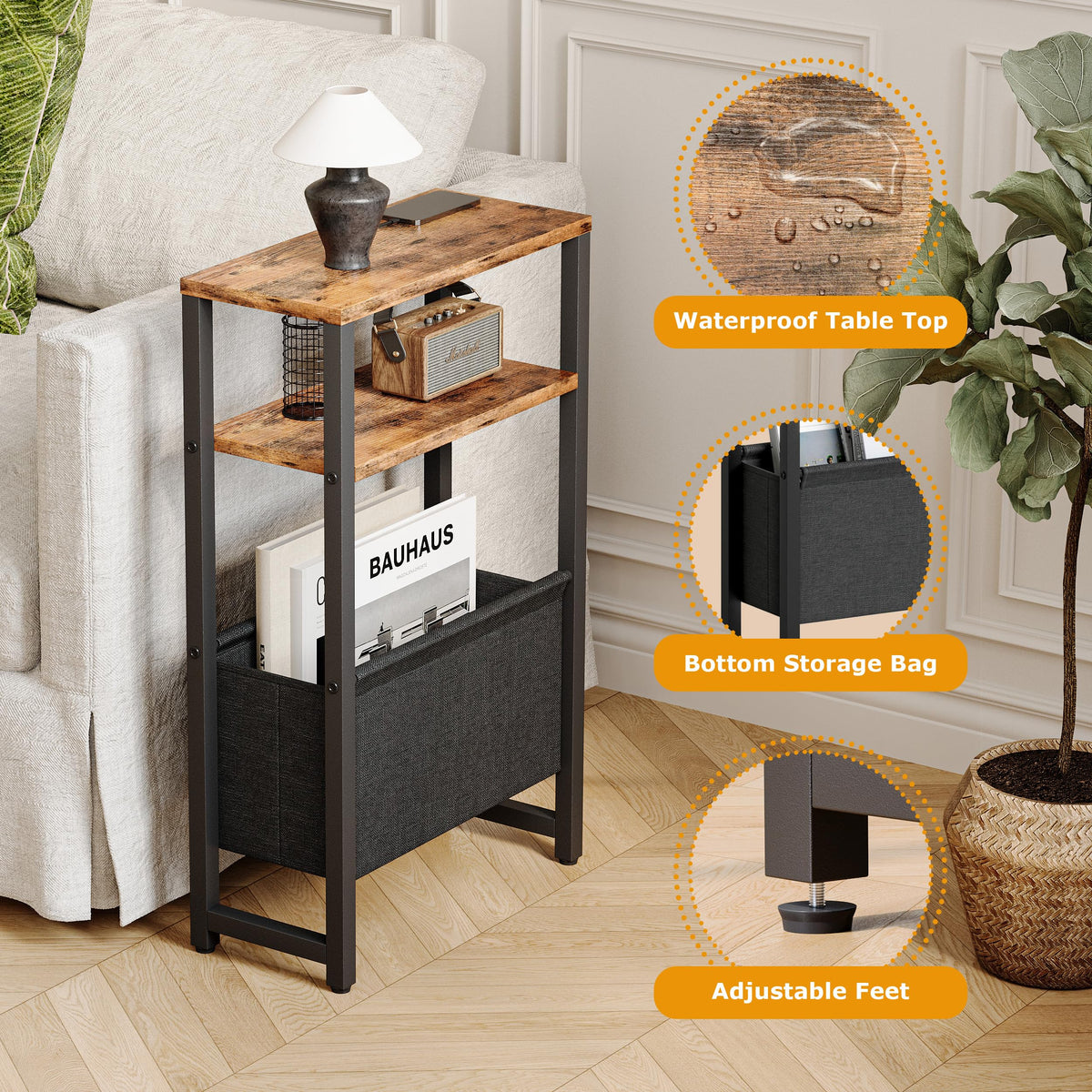 Narrow 3 Tier Side Table with Charging Station and Magazine Rack H298